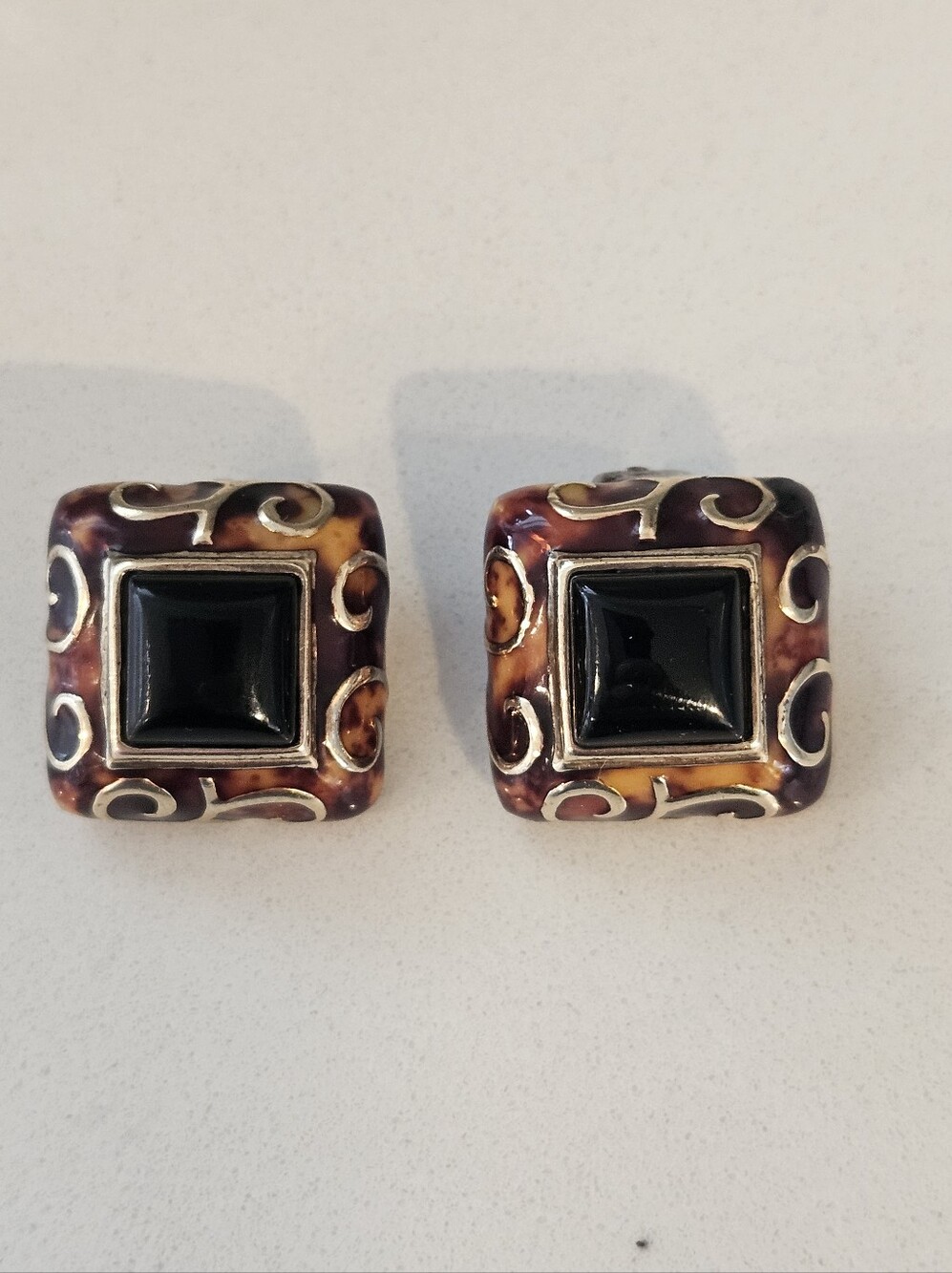 Vintage Teorema Italy Sterling Silver Black Onyx Square Enamel Clip-On Earrings
